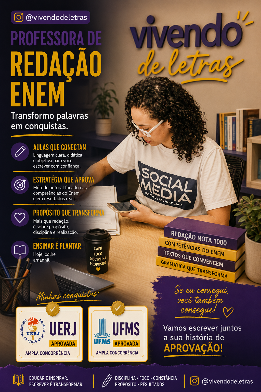 Aprenda português e Redação com a Vivendo de Letras que é autoridade em aprovação no Enem: UERJ e UFMS pela nota da Redação.